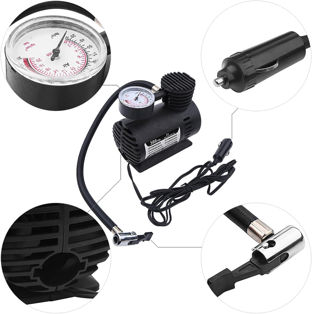 Mini compresor de aire portátil, bomba eléctrica para neumáticos de 12 V, manómetro de 300 PSI, para coche, bicicleta, motocicleta y más.